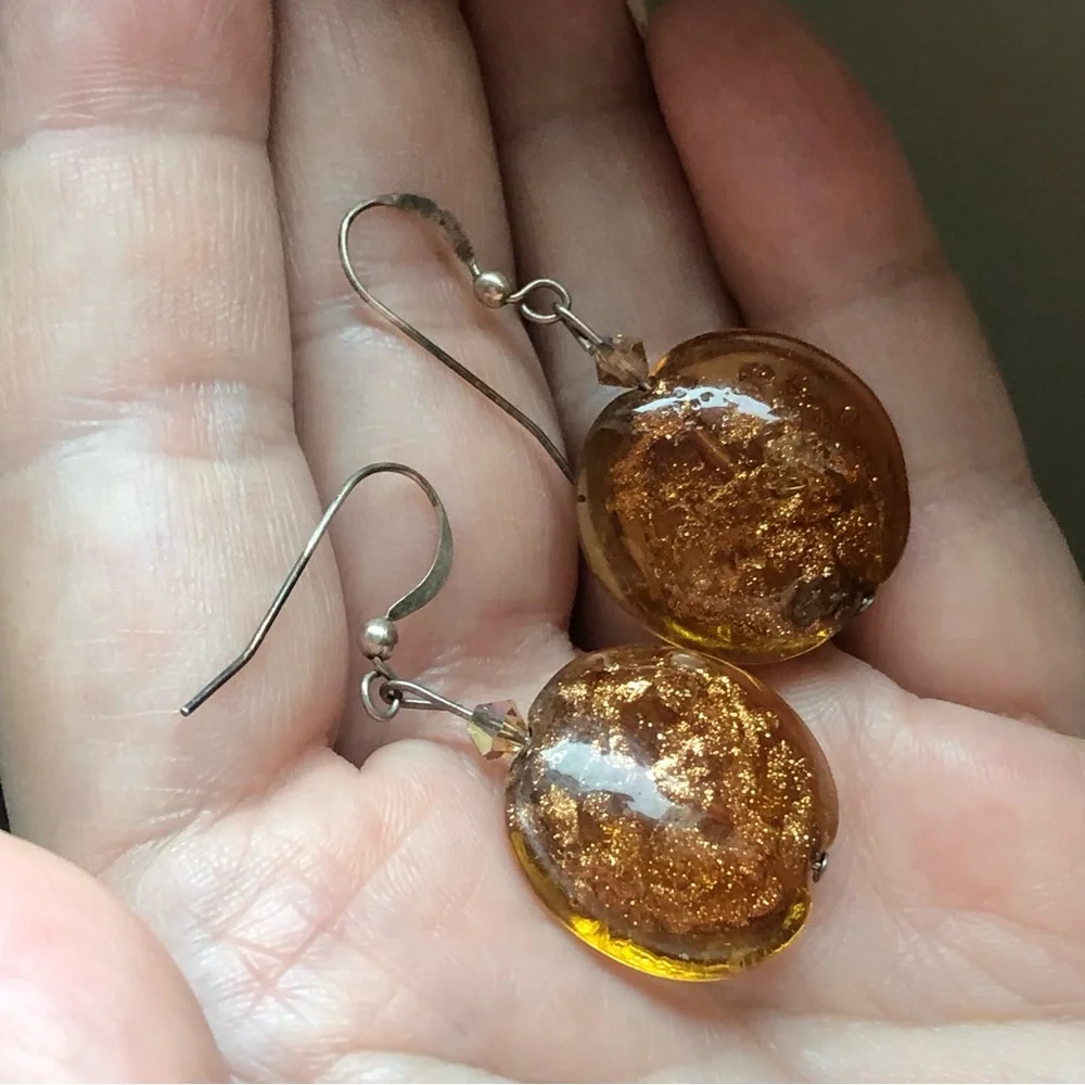 Vtg stamped 925 sterling silver & art glass copper mica dangle earrings Murano